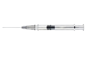Disposable plastic medical syringe with needle for vaccine injection on a transparent background