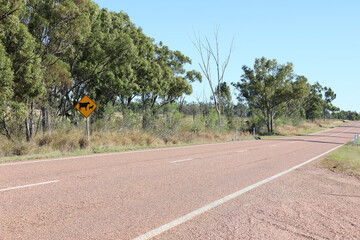 Gregory Developmental Road quiet country highway with grass, trees and a livestock crossing sign in Queensland, Australia