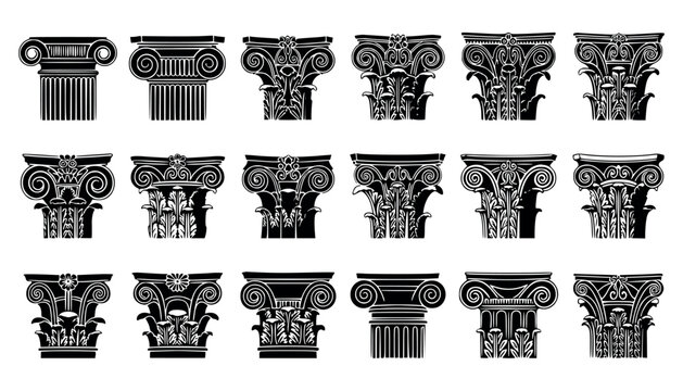 Set of Classical Architectural Column Capitals, Ancient Greek and Roman Ionic and Corinthian Style Silhouettes