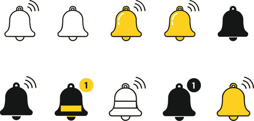 Notification Bell Icon Set Showing Alert, Ringing, Message, and Unread Badge States in Outline and Filled Styles for App, UI, and Web Design