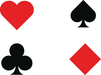 Playing Card Suit Icon Set Featuring Heart, Spade, Club, and Diamond Symbols for Casino Games, Poker Design, Gambling Apps, and Minimal Graphic Projects