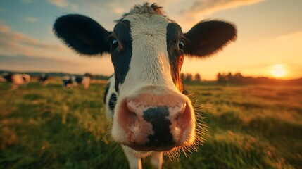 A close-up portrait of a black and white cow looking directly at the viewer in a green field during sunset. Cows are in the background
