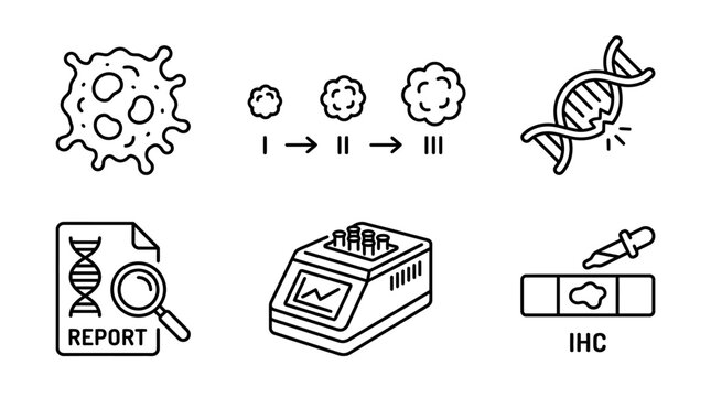 Vector icons Medical Research and Diagnostics Icons Cancer Cell Tumor Stages DNA Damage Genetic Report PCR Machine and IHC Slide. Vector Illustration. EPS Editable