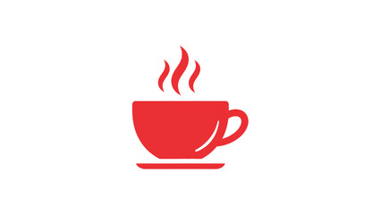 A simple and elegant red icon depicting a steaming cup of coffee or tea on a saucer, perfect for cafe menus, beverage apps, or website icons