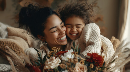 Joyful Mother and Daughter Hug with Flowers at Home