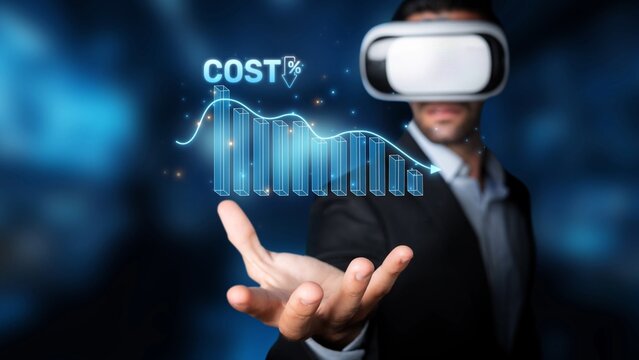 A businessman wearing a virtual reality headset analyzes financial data trends with a digital graph in a futuristic environment. Ideal for finance and technology themes. Raster - Powered by Adobe