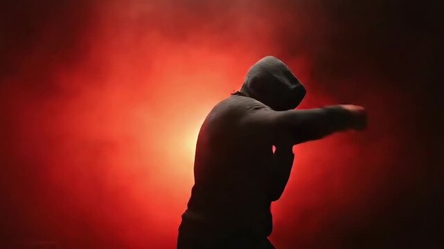 Strong sportsman wearing a hood focused on his boxing technique throwing fast punches at an imaginary opponent in a moody red lighted environment.