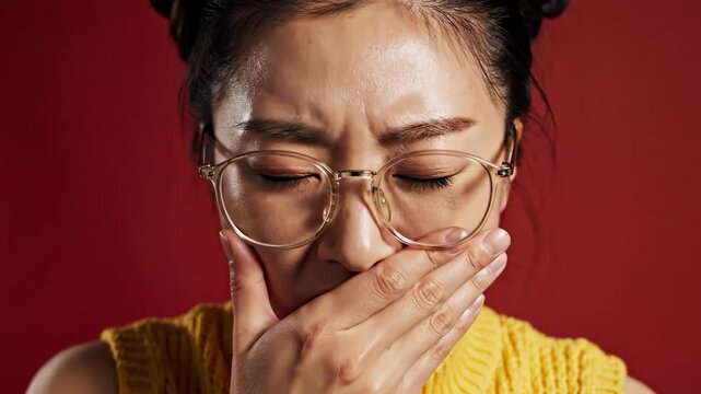 Woman With Glasses Covers Mouth In Disgust Or Shock.