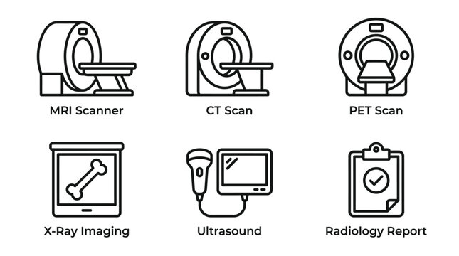 Vector icons Radiology Modalities and Medical Imaging Equipment. Vector Illustration. EPS Editable