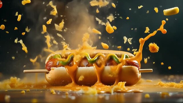 Corndog exploding in slow-motion, batter flakes and condiments floating apart. 