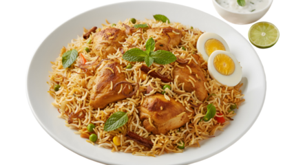 Plate of Chicken Biryani Garnished with Mint Leaves and Hard-Boiled Egg Slices on White Background