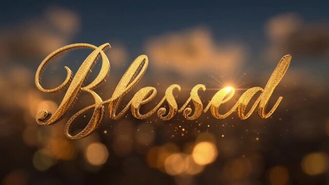 Cinematic Golden Cursive &ldquo;Blessed&rdquo; Text Surrounded by Clouds with Shining Light, Creating a Heavenly, Spiritual, and Uplifting Scene Filled with Faith, Serenity, and Divine Atmosphere