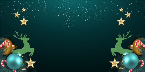 green holiday border with pine branches silve confetti on dark green background