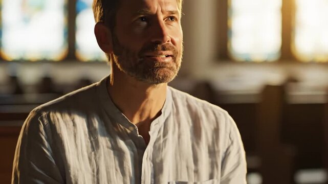 Man Reading Bible in Church - This close-up shot captures a Caucasian man deeply engrossed in reading a holy bible inside a church. The light creates a spiritual mood reflecting devotion and faith.