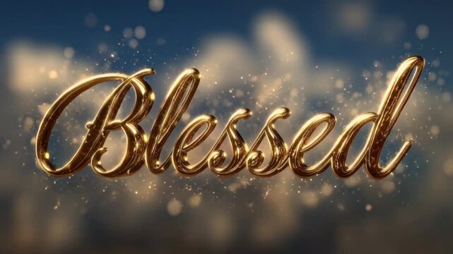 Cinematic Golden Cursive &ldquo;Blessed&rdquo; Text Surrounded by Clouds with Shining Light, Creating a Heavenly, Spiritual, and Uplifting Scene Filled with Faith, Serenity, and Divine Atmosphere