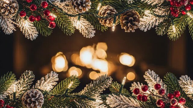 Christmas Border with Glowing Lights and Pine Branches - A festive Christmas border featuring snow-dusted pine branches, pine cones, and red berries, illuminated by warm glowing lights on a dark