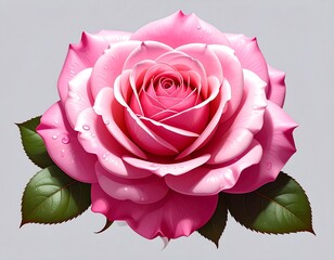 Close-up of a pink rose with water droplets and green leaves