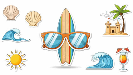 Summer Beach Vacation Elements With Surfboard Sunglasses And Tropical Drink.