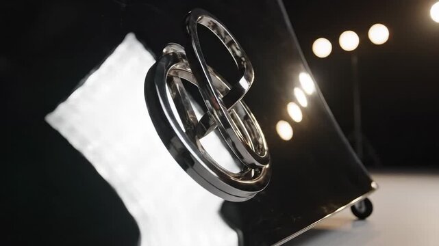 Chrome Rings Reflecting Light - A close-up shot showcases interconnected chrome rings resting on a reflective, polished surface.