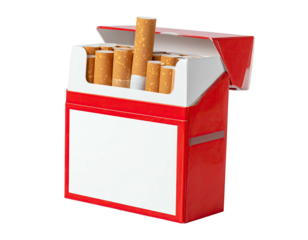 Red cigarette box, open, revealing cigarettes with a single one upright