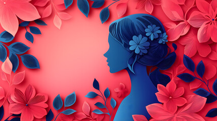 Women&rsquo;s Day Paper Cut Silhouette with Floral Frame and Copy Space