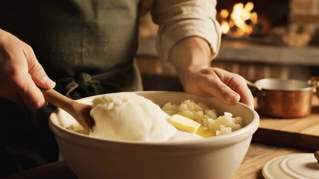 Making Creamy Mashed Potatoes - A close-up shows a person stirring mashed potatoes with a wooden spoon in a rustic kitchen setting.