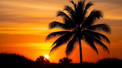 Obraz premium Palm tree silhouette against a magnificent tropical sunset, casting a serene glow