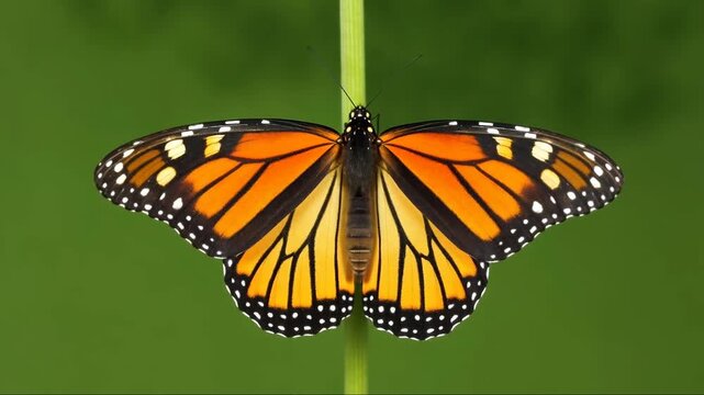 Top view macro of Monarch butterfly slowly opening orange wings on green plant stem