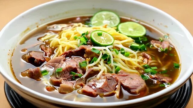 Savory beef noodle soup bowls with lime slices and herbs.