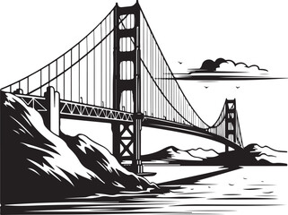 A silhouette of the iconic Golden Gate Bridge in San Francisco spans the California bay with its steel suspension cables and towers against a clear sky over the water