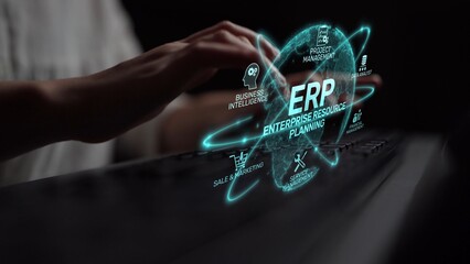 ERP platform visual showing centralized system for enterprise resource planning, improving integration, data flow, business efficiency, finance, inventory, and human resources. Muxer
