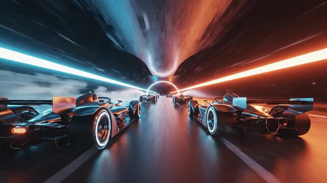 Futuristic Formula Race Cars Speeding Through a Neon Tunnel with Motion Blur and Light Trails, High-Speed Sci-Fi Racing Scene