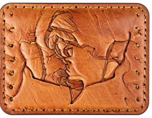 Tan leather wallet with embossed relief of a kissing couple