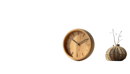 A wooden clock & woven vase with grass against a stark black background