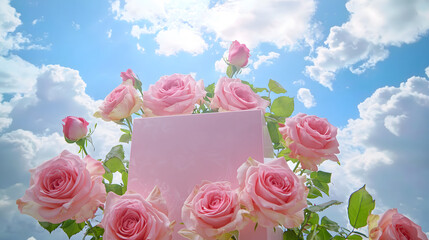Pink Rose Floral Frame with Product Display Podium on Blue Sky Background
