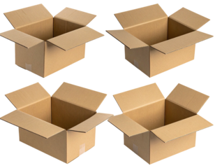 Four empty cardboard boxes, open and arranged on a black background