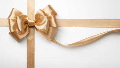 金色の蝶結びリボン 長い帯のギフト装飾素材 白背景.生成AI