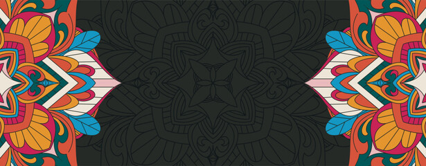 Decorative multicolor ornamental square with repeating ethnic motifs. Theme Festive, artistic, expressive. for Textile prints, packaging backgrounds, decorative surfaces.