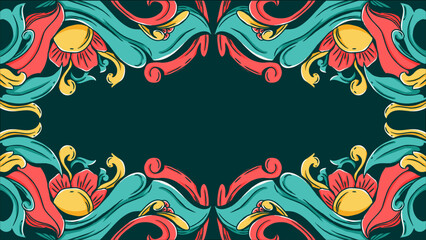 Horizontal decorative border with colorful floral ornaments on dark background.