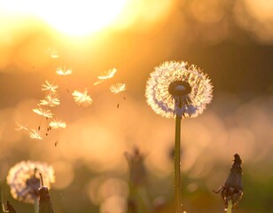 Close-up of dandelion clock head with floating seeds at sunset