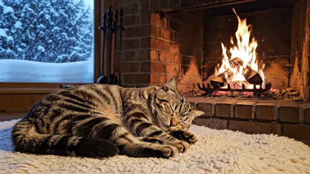 Cozy Cat by the Winter Fireplace - A content cat sleeps peacefully on a soft rug near a warm fireplace.