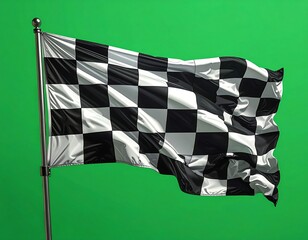 Fototapeta premium Black and white checkered flag waves on a metal pole against green