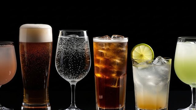Elegant assortment of beverages in glassware against a stark black backdrop creating an upscale