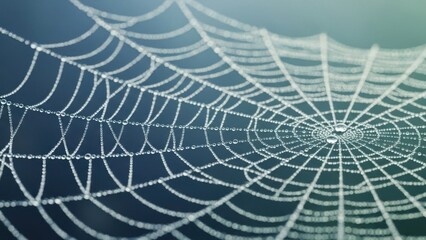 Intricate natural design of a spider web adorned with sparkling morning dew drops on a tranquil