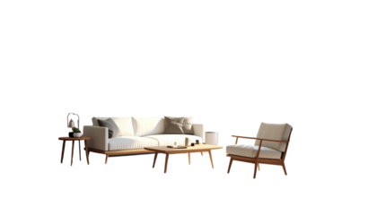 A modern living room with off-white couch and chair on black background