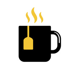 Black coffee mug with a yellow tea bag and steam, vector illustration