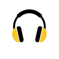 Modern black and yellow headphones icon representing audio listening, music playback, sound entertainment, and communication devices in a minimalist vector graphic design
