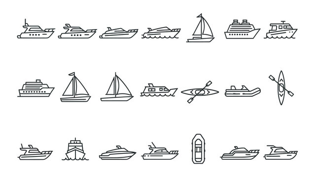 Collection of simple black line icons of watercraft and marine vessels