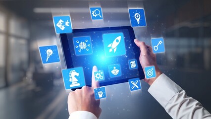 Innovation icons show creativity, teamwork, and project development. Innovation helps organizations design solutions, build strategy, and grow with new business opportunities. Gist