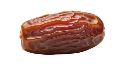 A single, ripe medjool date with a rich brown color and textured skin on transport backgrouond